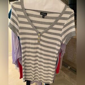 Bebe grey and white striped polo top